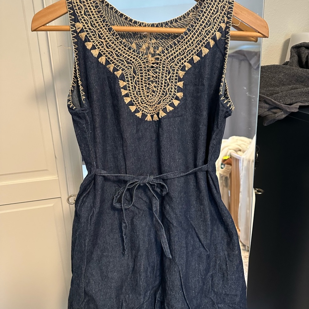 Navy Blue Dress with Tan Embroidery